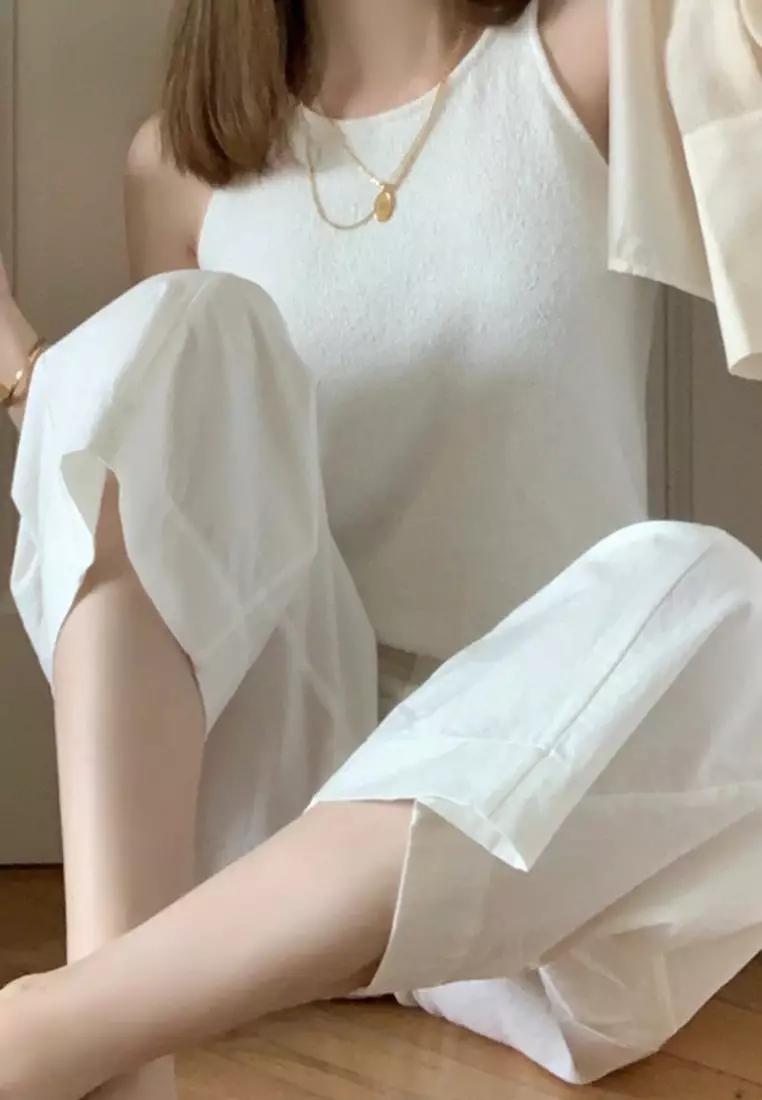 2024 New Style Off-White Ramie Cropped Straight Pants K070802