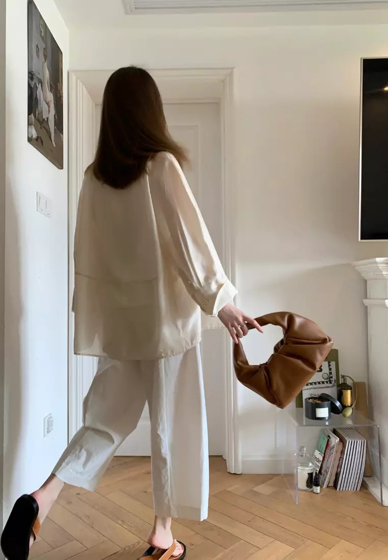 2024 New Style Off-White Ramie Cropped Straight Pants K070802