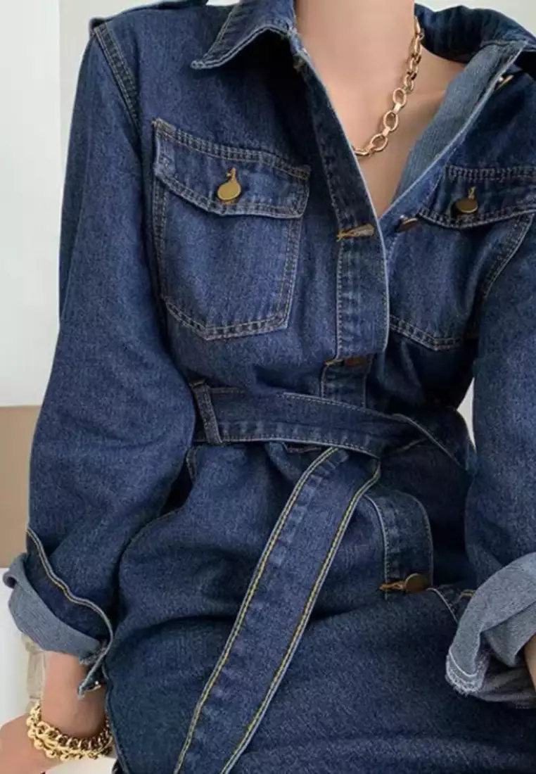 2024 Retro Belt Slim Fit Long Sleeve Denim Dress K091608BL