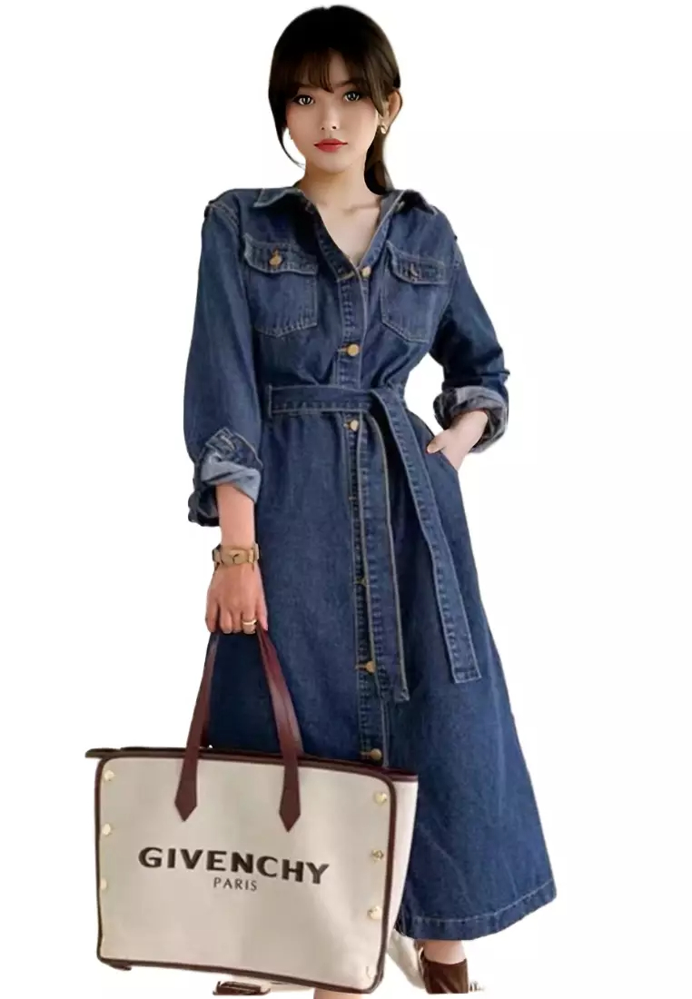 2024 Retro Belt Slim Fit Long Sleeve Denim Dress K091608BL