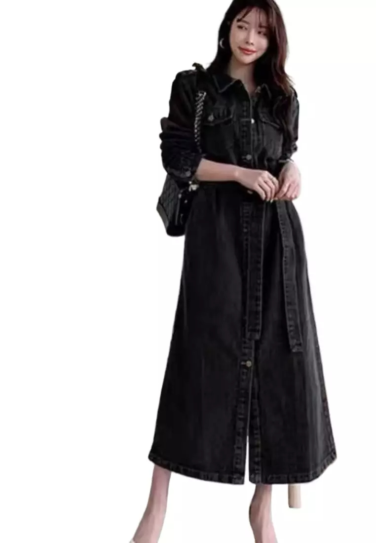 2024 Retro Belt Slim Fit Long Sleeve Denim Dress K091608BL