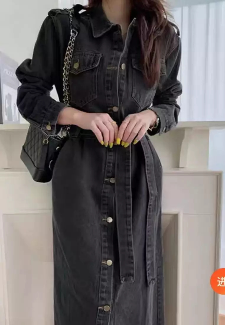 2024 Retro Belt Slim Fit Long Sleeve Denim Dress K091608BL