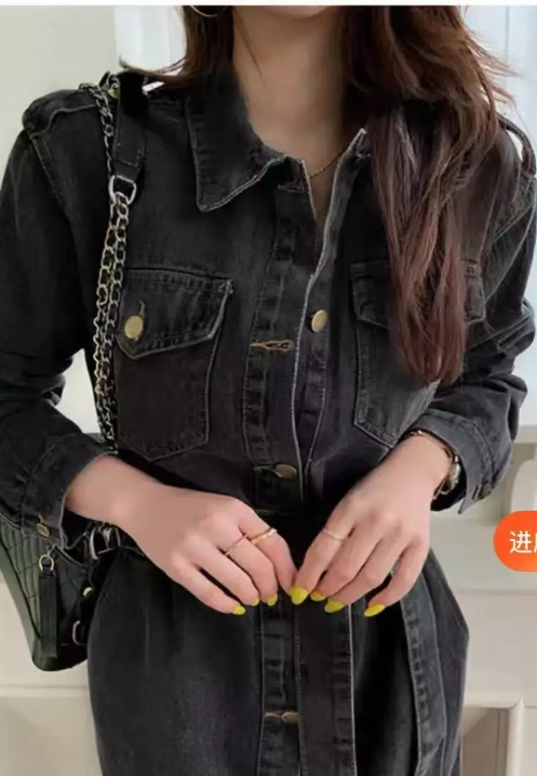 2024 Retro Belt Slim Fit Long Sleeve Denim Dress K091608BL