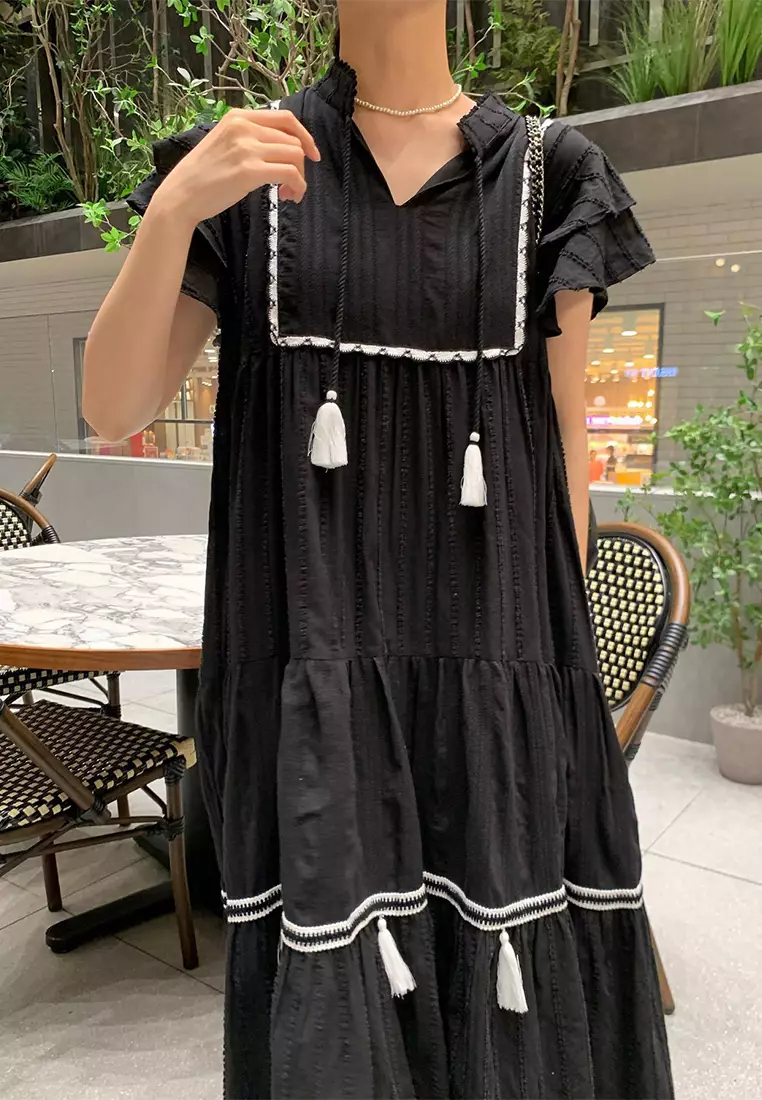 2024 Ruffle Sleeves Solid Color Ruffle Edge Dress CA24061126BK