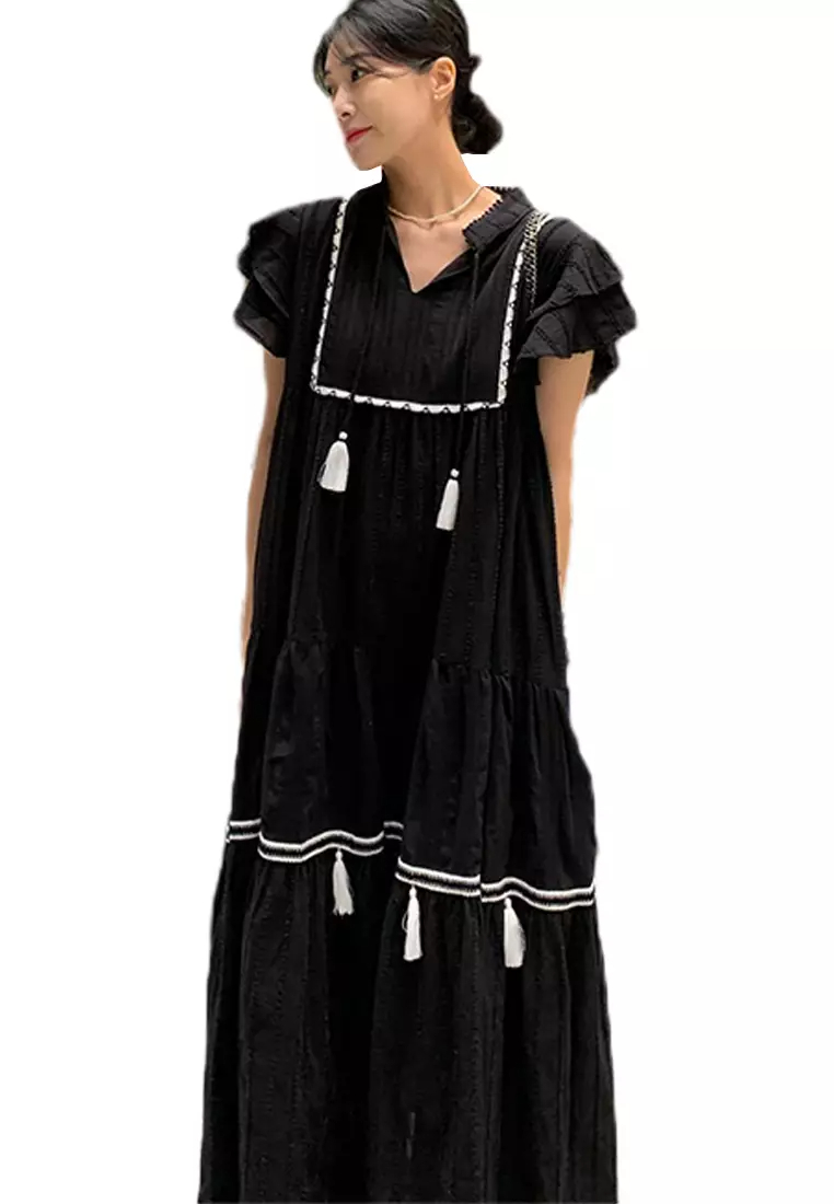 2024 Ruffle Sleeves Solid Color Ruffle Edge Dress CA24061126BK