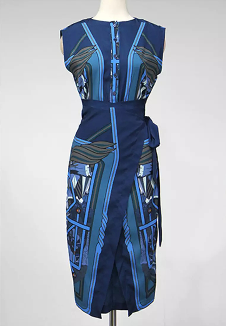 2024 S/S Fashion Retro Print Waist Wrapped Irregular Skirt Midi Dress A23022413BL