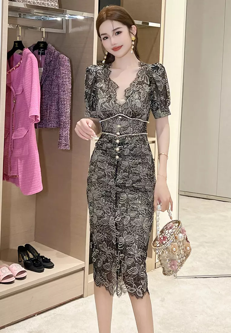 S/S Summer new women's diamond single-breasted V-neck lace dress CA061517W-sunnydaysweety