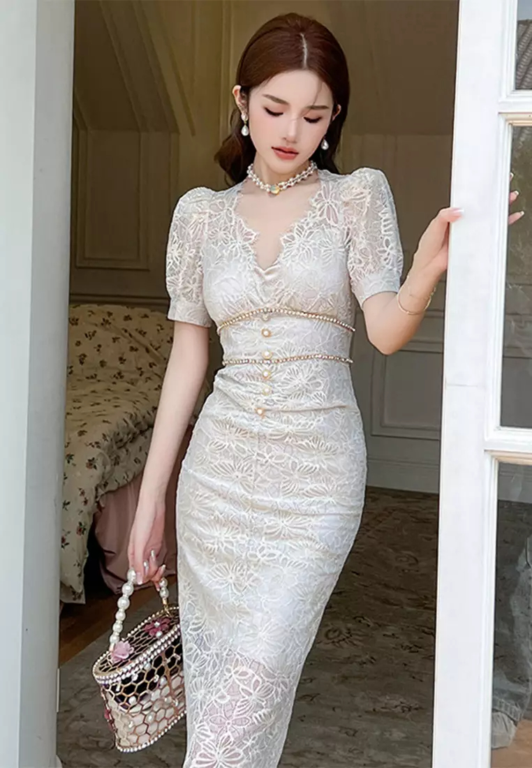 S/S Summer new women's diamond single-breasted V-neck lace dress CA061517W-sunnydaysweety