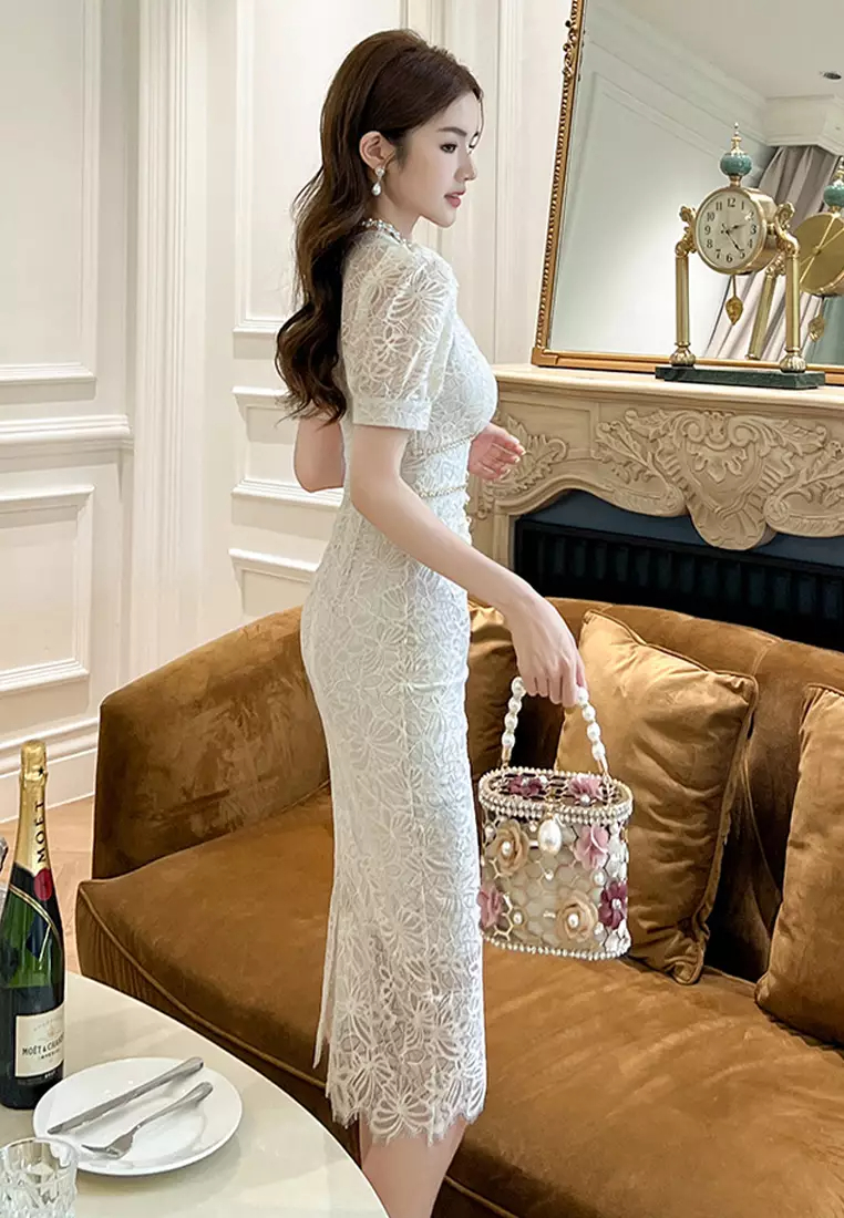 S/S Summer new women's diamond single-breasted V-neck lace dress CA061517W-sunnydaysweety