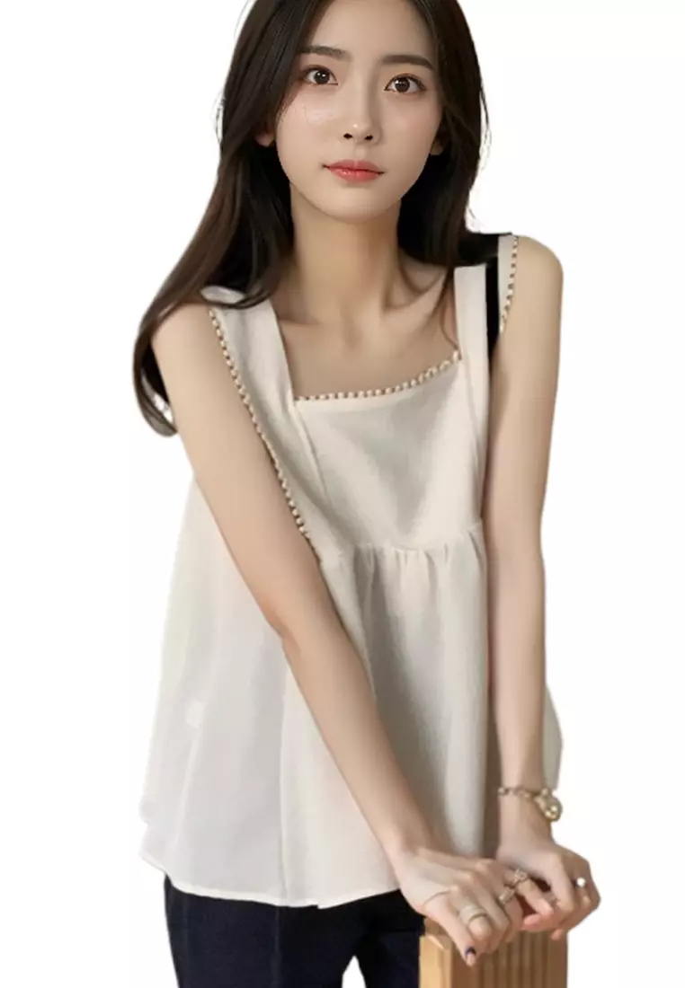 Summer New French Square Neck Lace Tank Top CA24061102BK-sunnydaysweety