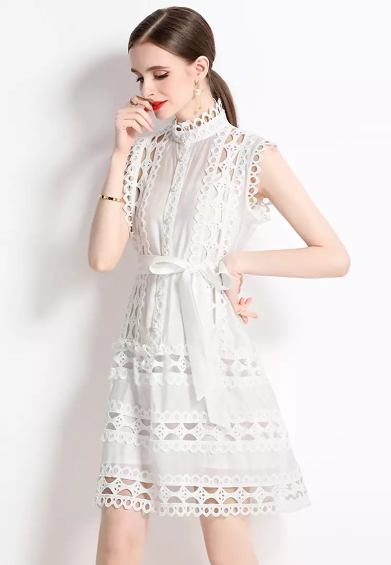 2024 Summer Round Neck Sleeveless Lace Dress CA24032624BK