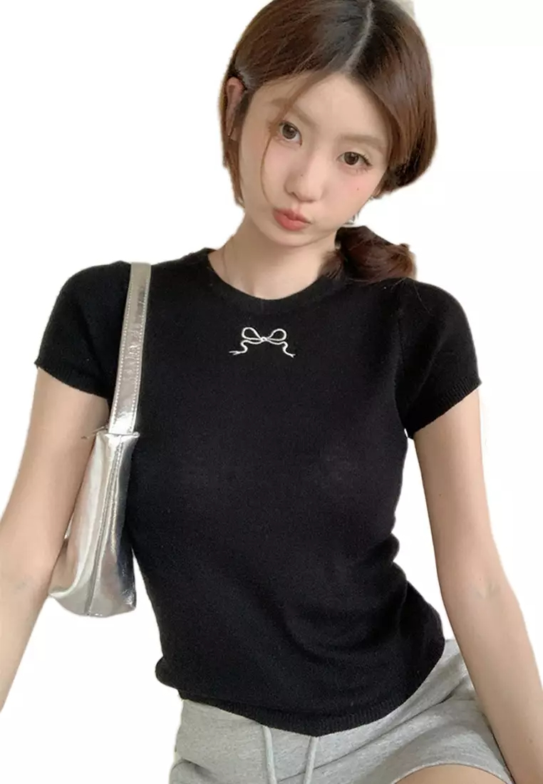 2024 Summer Slim Fit Knitwear Pure Desire Short sleeved Top CA24061833BL