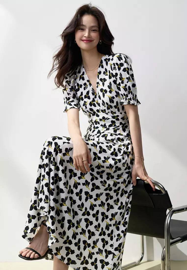  fresh and elegant clover V-neck short-sleeved dress K052403-sunnydaysweety