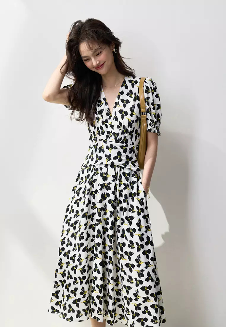  fresh and elegant clover V-neck short-sleeved dress K052403-sunnydaysweety
