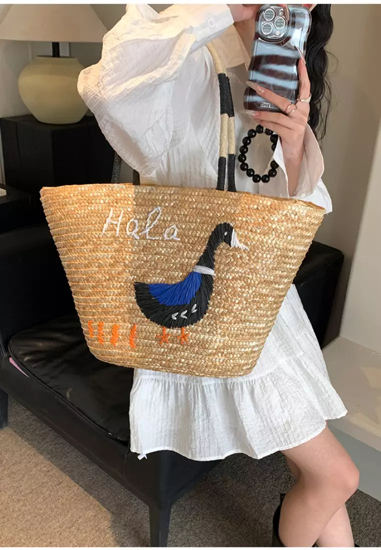 New duck pattern stitched straw handbag K052708M-sunnydaysweety