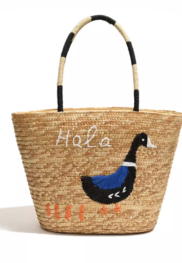 New duck pattern stitched straw handbag K052708M-sunnydaysweety