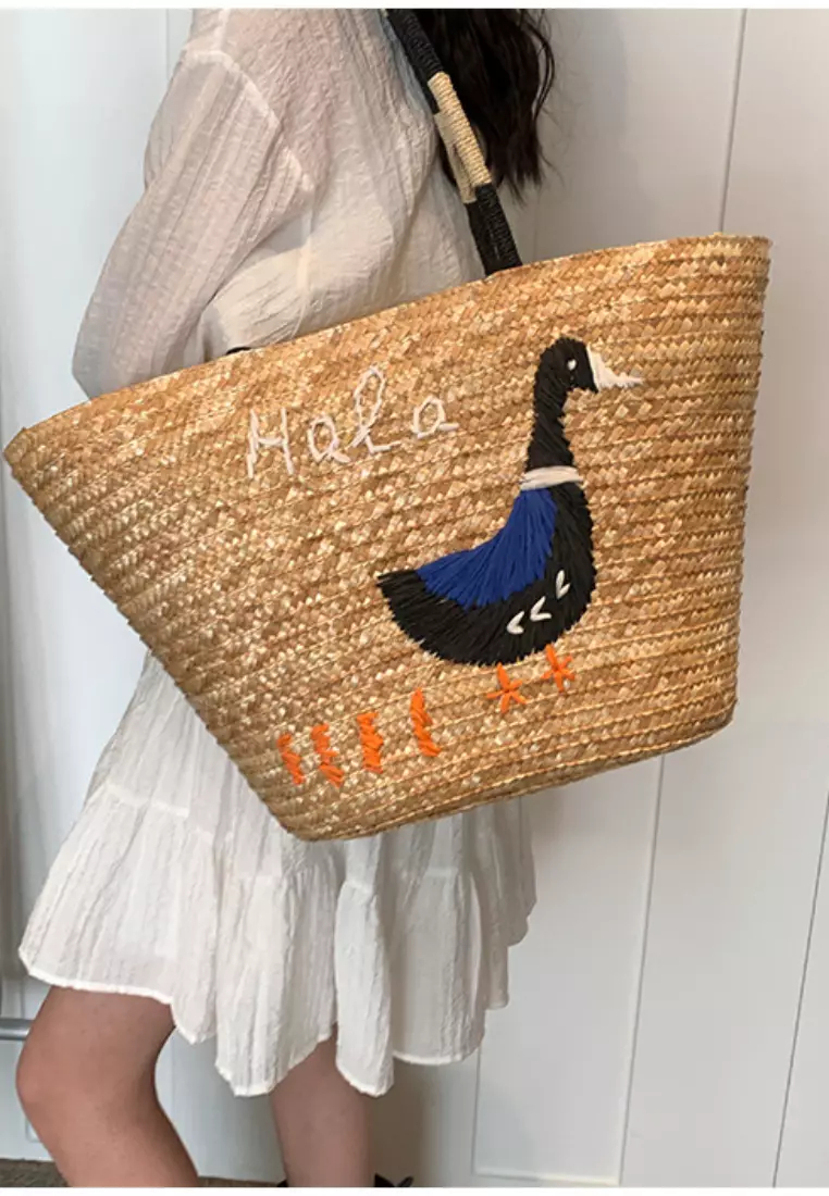 New duck pattern stitched straw handbag K052708M-sunnydaysweety