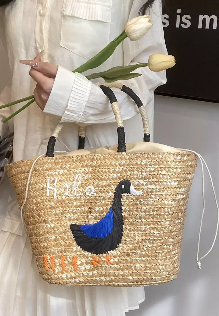 New duck pattern stitched straw handbag K052708M-sunnydaysweety
