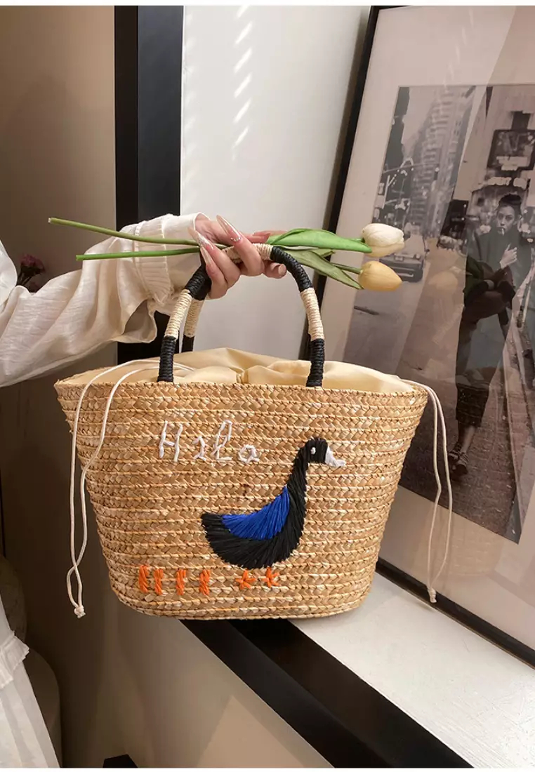 New duck pattern stitched straw handbag K052708M-sunnydaysweety