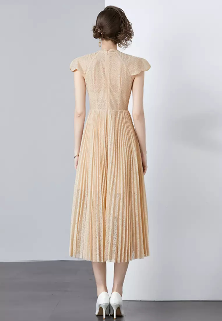 2024 new emperament lace stitch Pleated retro dress K071508