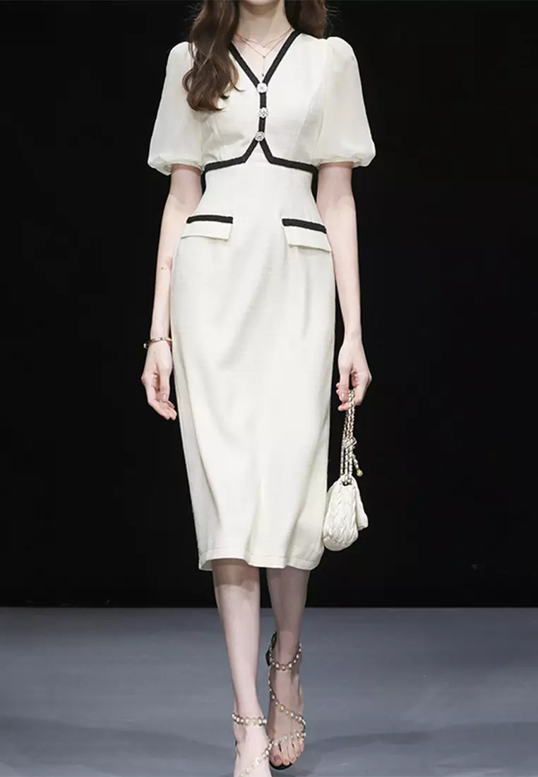 2024 new fashionable contrasting lantern sleeve dress CA24090334BE