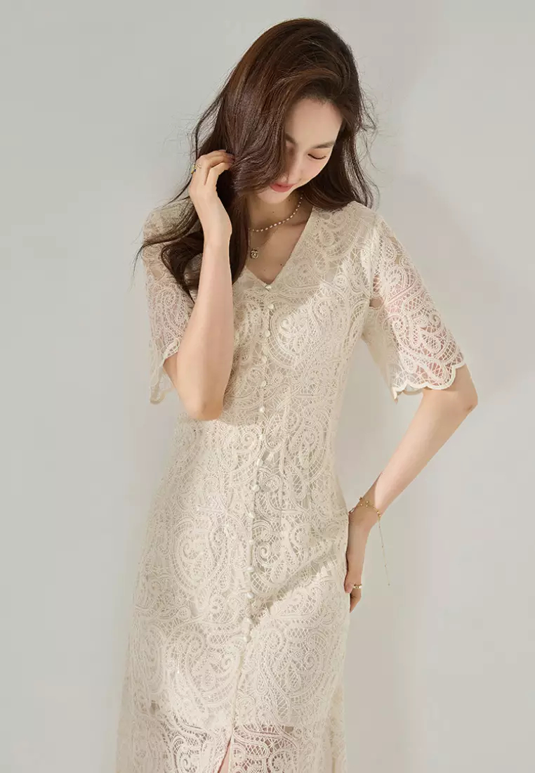 2024 new style real hollow lace V-neck dress K052705