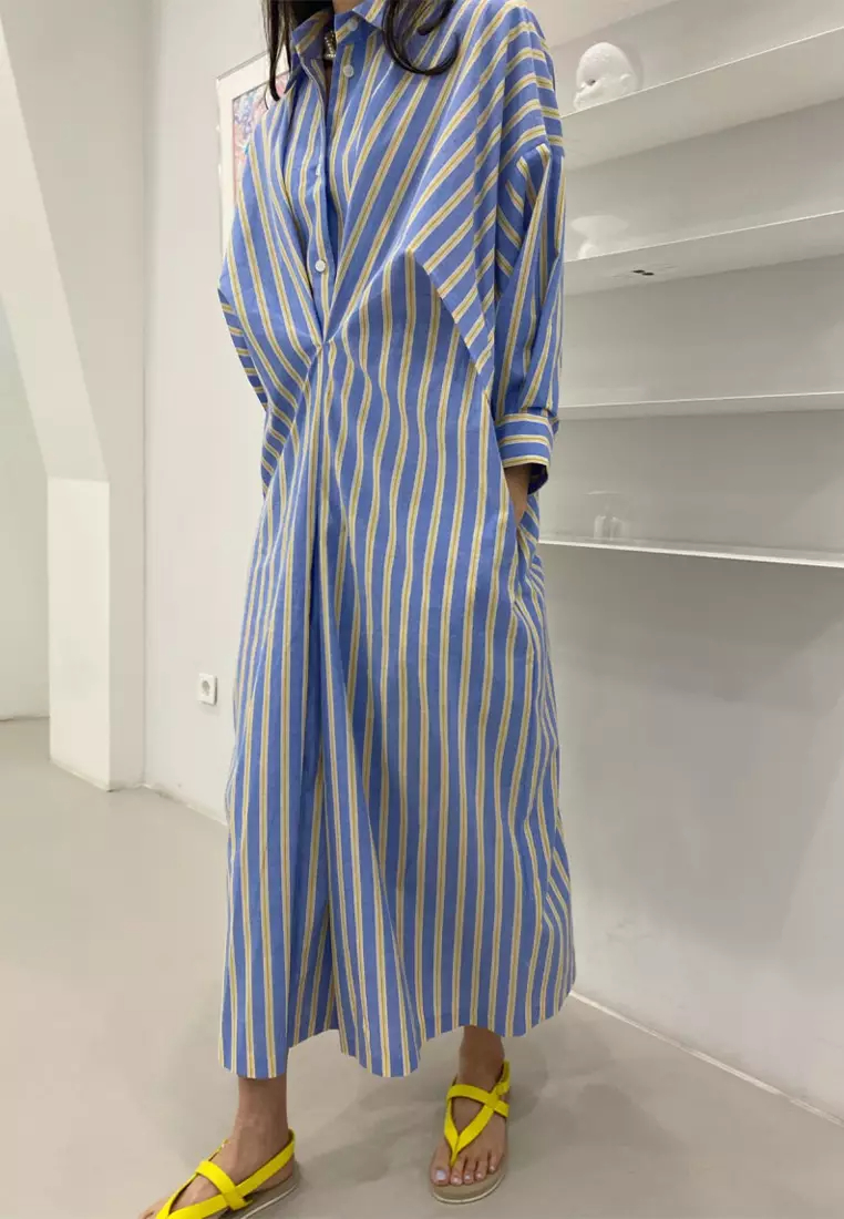 2024 new style striped pleated design long-sleeved shirt dress K092702-BL
