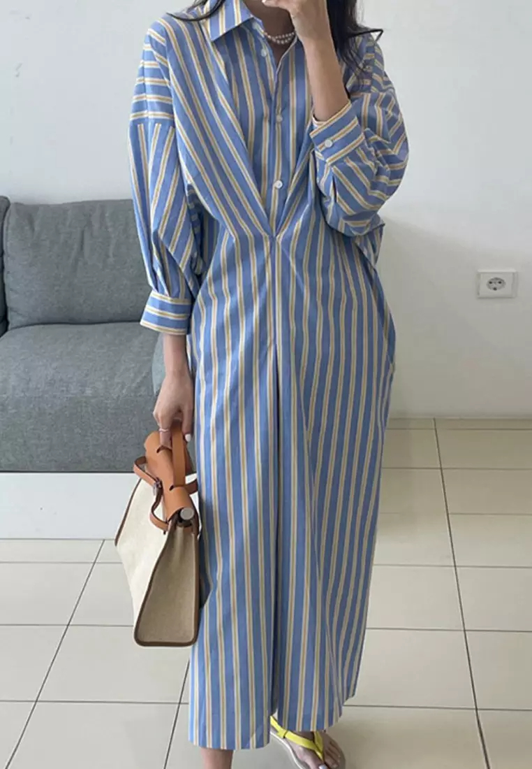 2024 new style striped pleated design long-sleeved shirt dress K092702-BL
