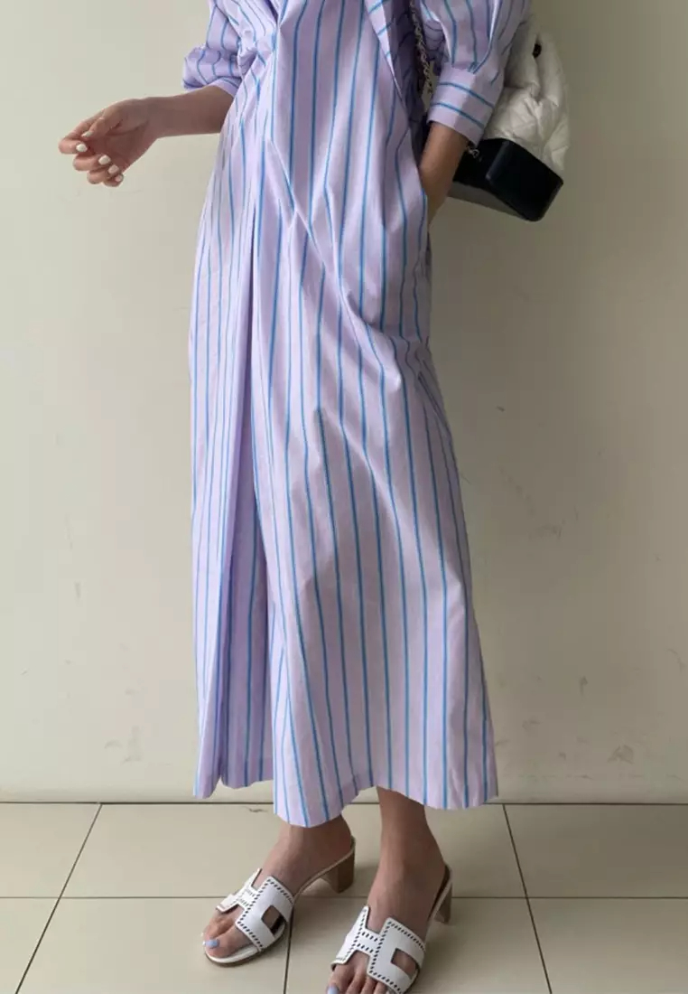 2024 new style striped pleated design long-sleeved shirt dress K092702-BL