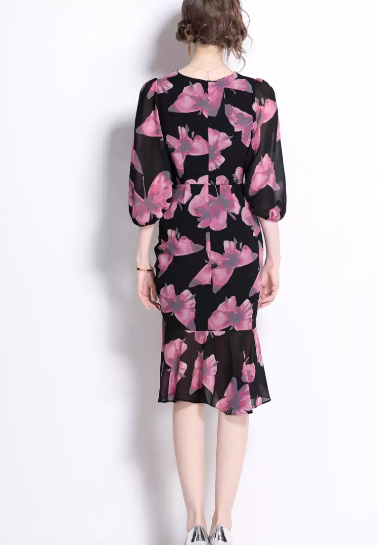 2024 new sweet butterfly pattern chiffon lotus leaf dress K071709BL