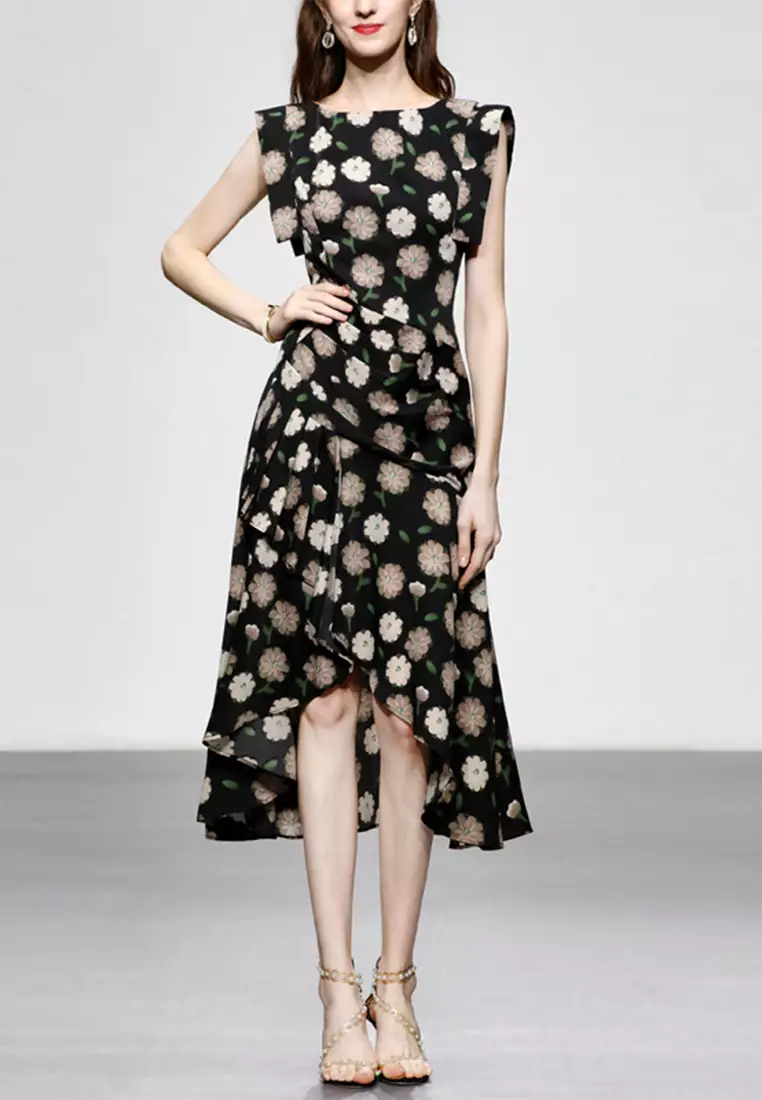 2024 new temperament black printed dress CA24090342MT