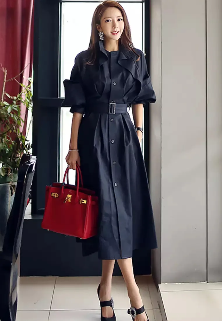 New temperament stand collar retro mid-length trench coat jacket dress K100305