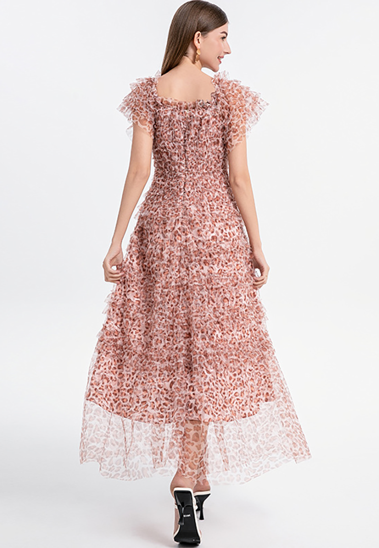 French off-shoulder puff sleeve leopard print mesh dress CA25021352MT