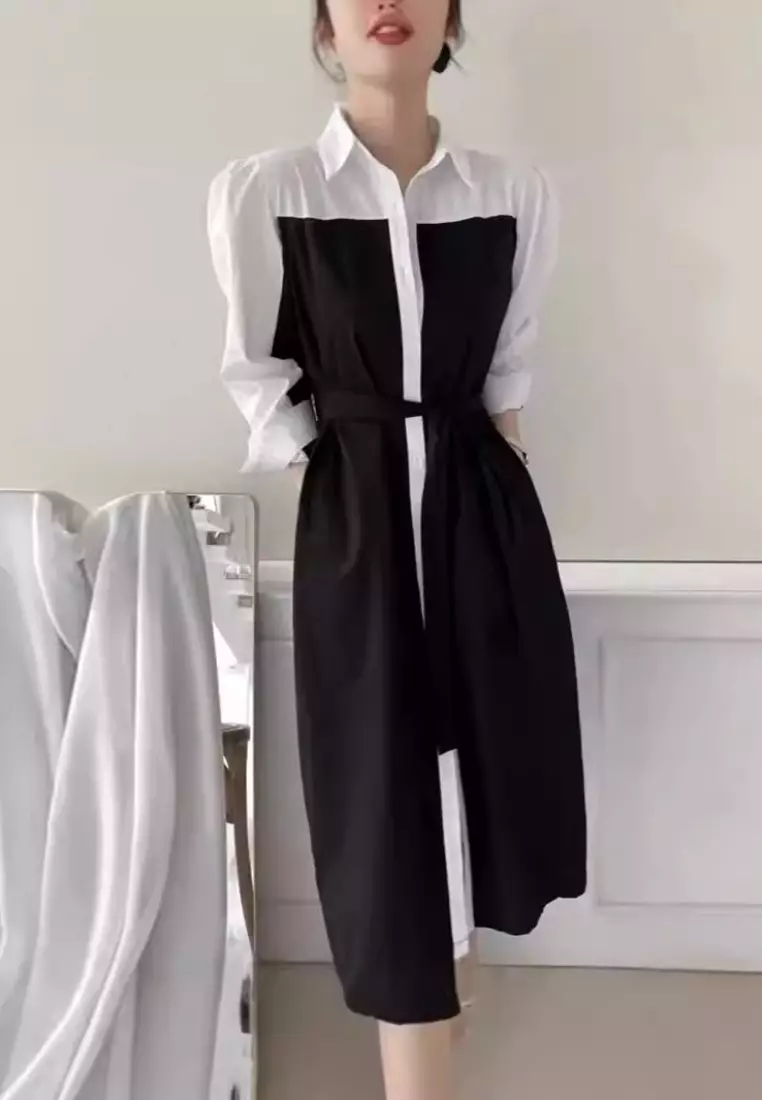 New elegant single-breasted contrasting color splicing shirt long-sleeved dress K103102BE