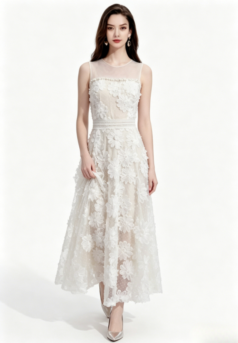 Romantic Ivory 3D Floral Applique Tulle Maxi Dress with Beaded Neckline K26061504