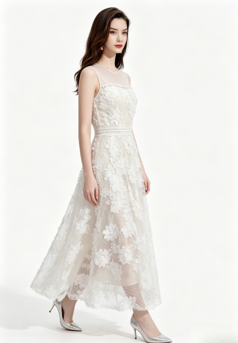 Romantic Ivory 3D Floral Applique Tulle Maxi Dress with Beaded Neckline K26061504