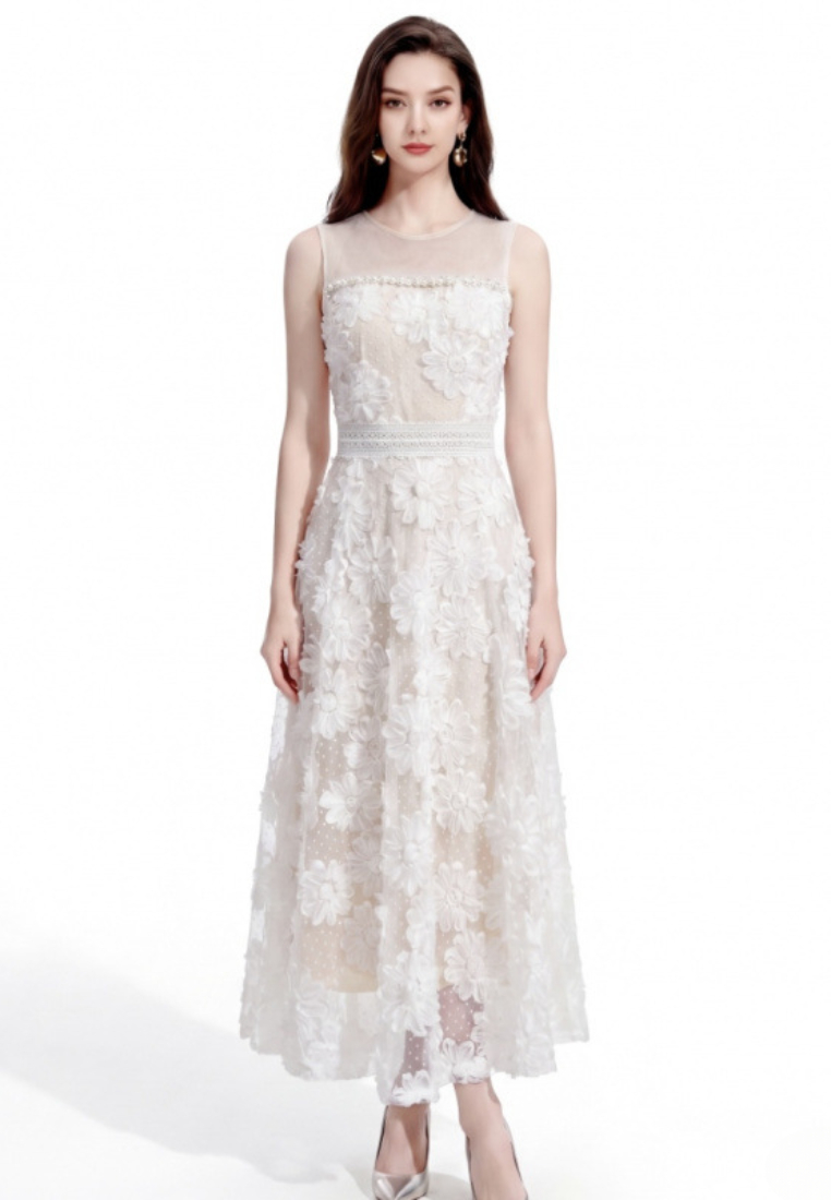 Romantic Ivory 3D Floral Applique Tulle Maxi Dress with Beaded Neckline K26061504