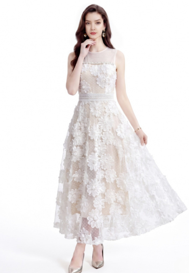 Romantic Ivory 3D Floral Applique Tulle Maxi Dress with Beaded Neckline K26061504