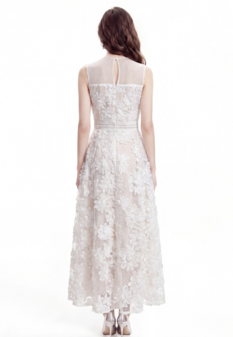 Romantic Ivory 3D Floral Applique Tulle Maxi Dress with Beaded Neckline K26061504