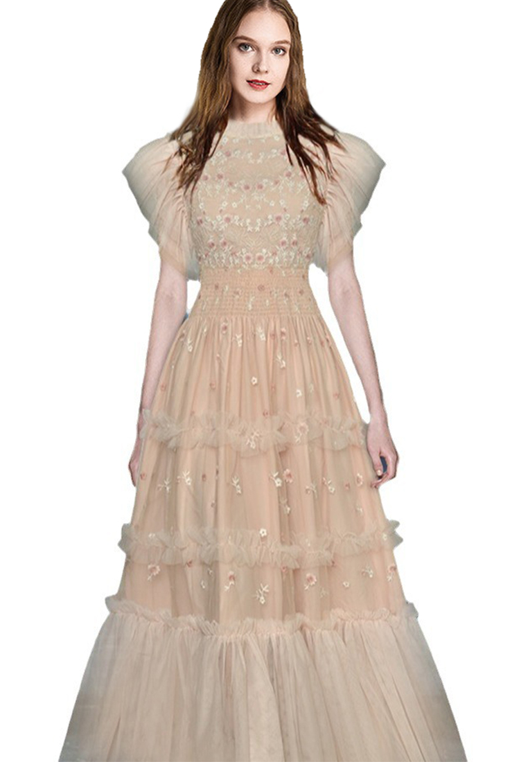 2024 Spring Round Neck Embroidered Waist Wrap Long Dress Slim Fit Dress CA4021921BE