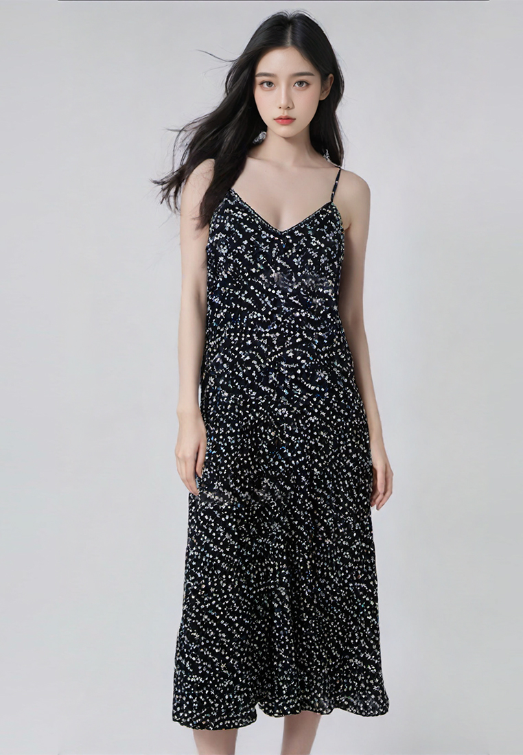 Vintage V-neck patchwork lace camisole dress  CA25032721BK