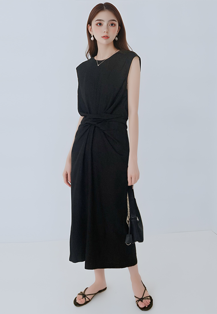 Retro cross straps back slit linen sleeveless dress CA25060321BK