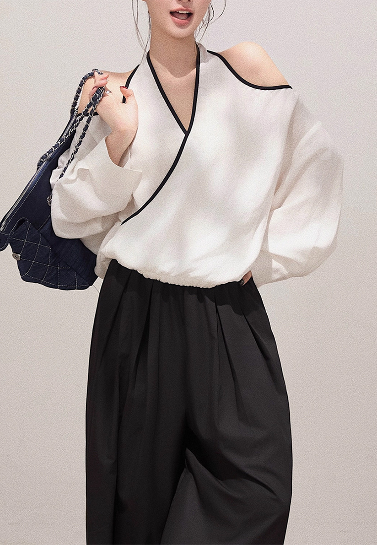 New Off-Shoulder Casual Crossed V-Neck Halter Long-Sleeve Shirt CA25091521W