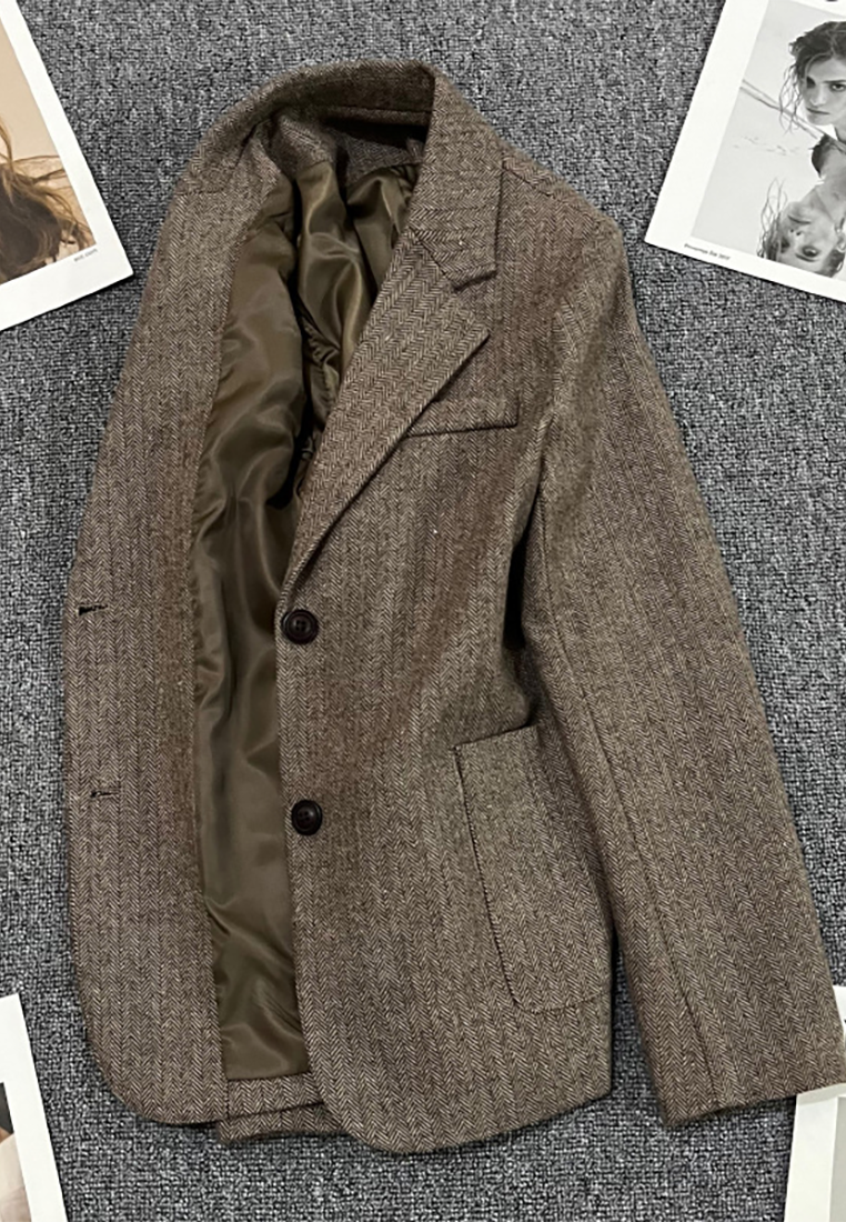 New Autumn/Winter Coffee-Colored Herringbone Wool Suit Jacket CA25102421BW