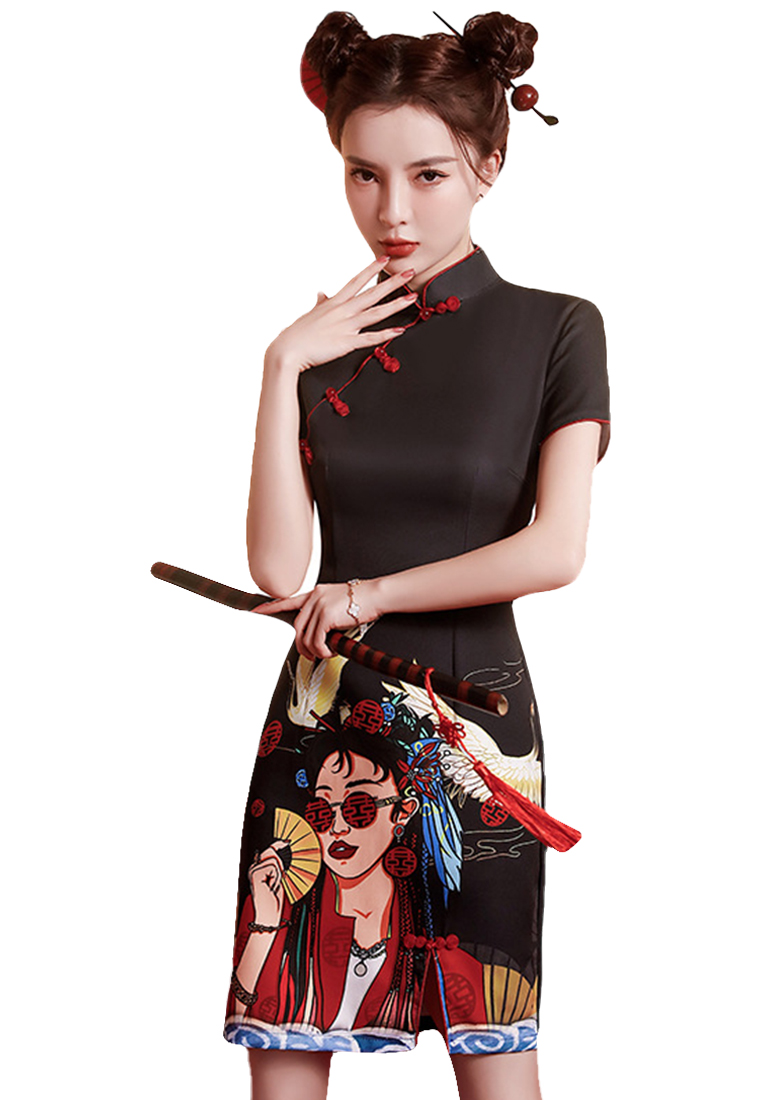 Summer new fashion printed girl's cheongsam dress CA122721BK