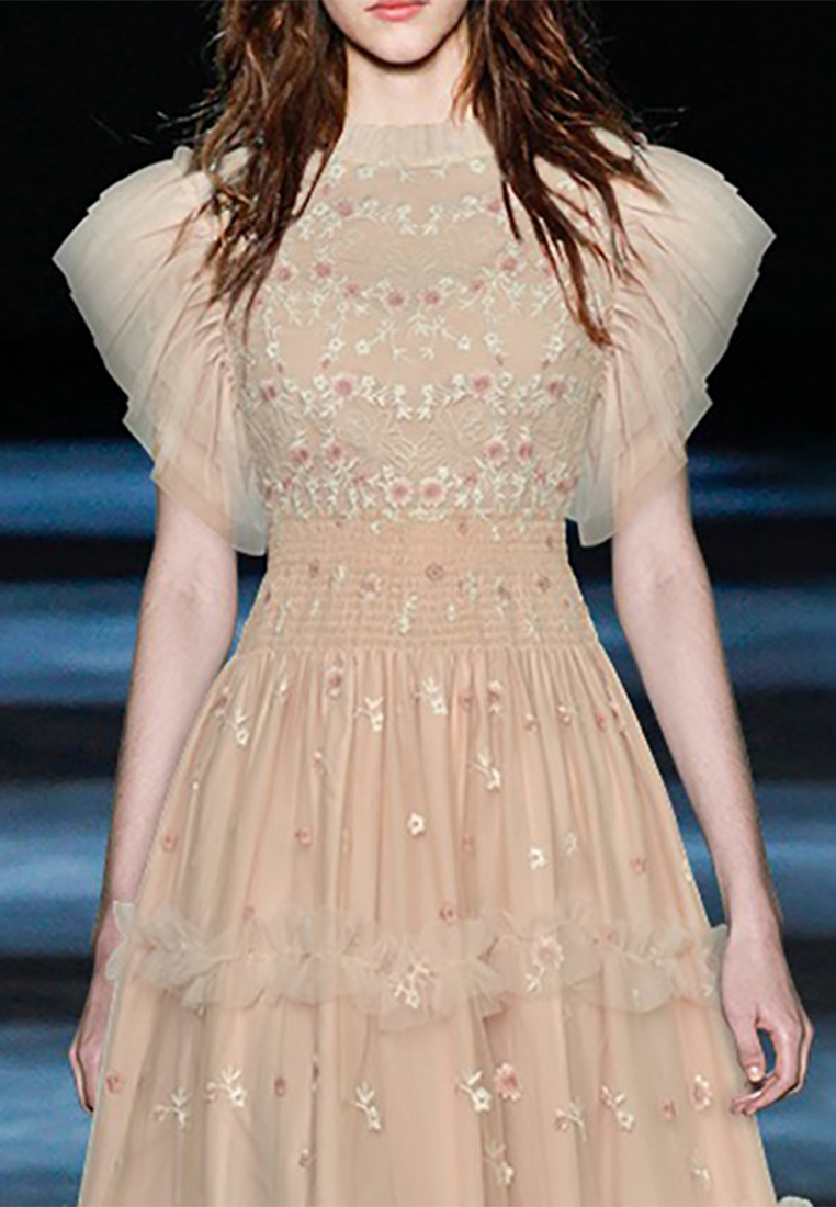 2024 Spring Round Neck Embroidered Waist Wrap Long Dress Slim Fit Dress CA4021921BE