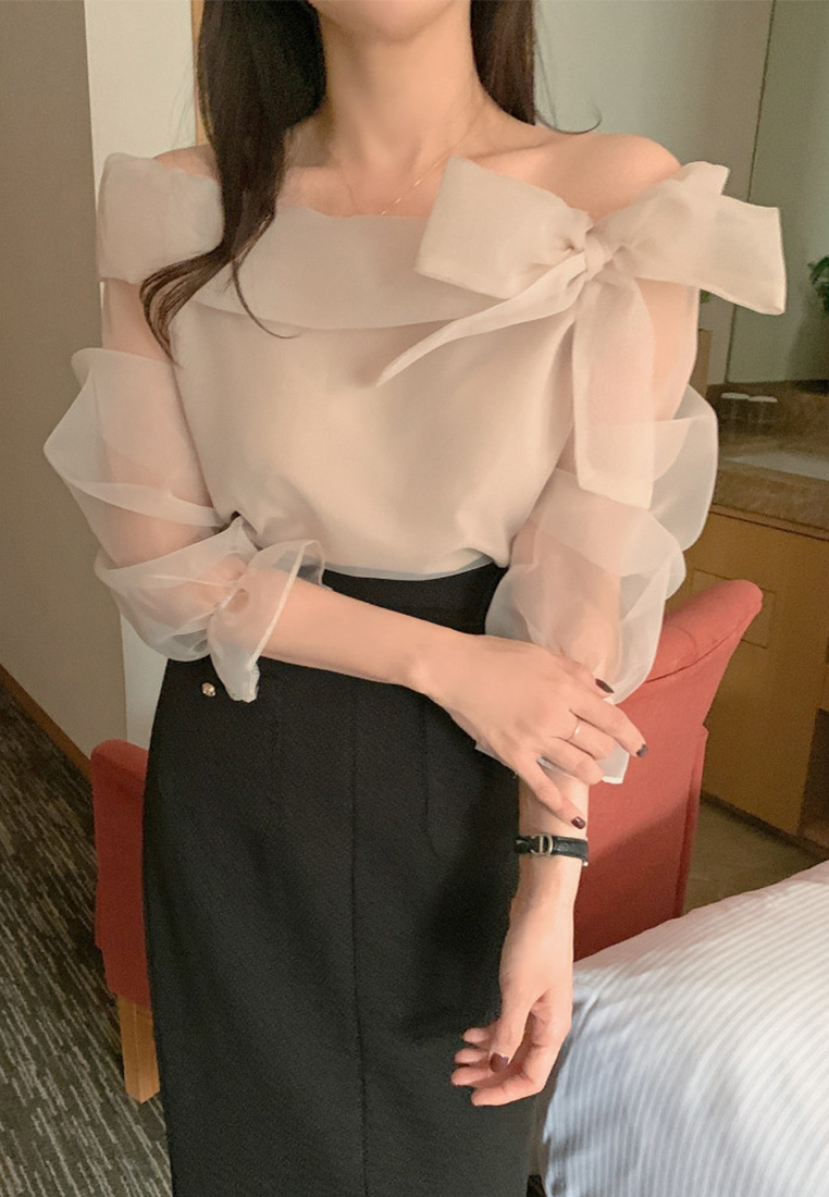 Korean style lace up bow loose long sleeved shirt CA241128121BK