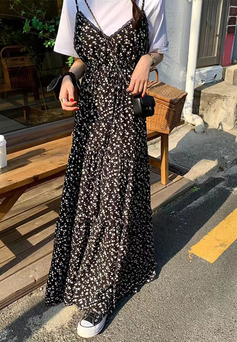 Vintage V-neck patchwork lace camisole dress  CA25032721BK