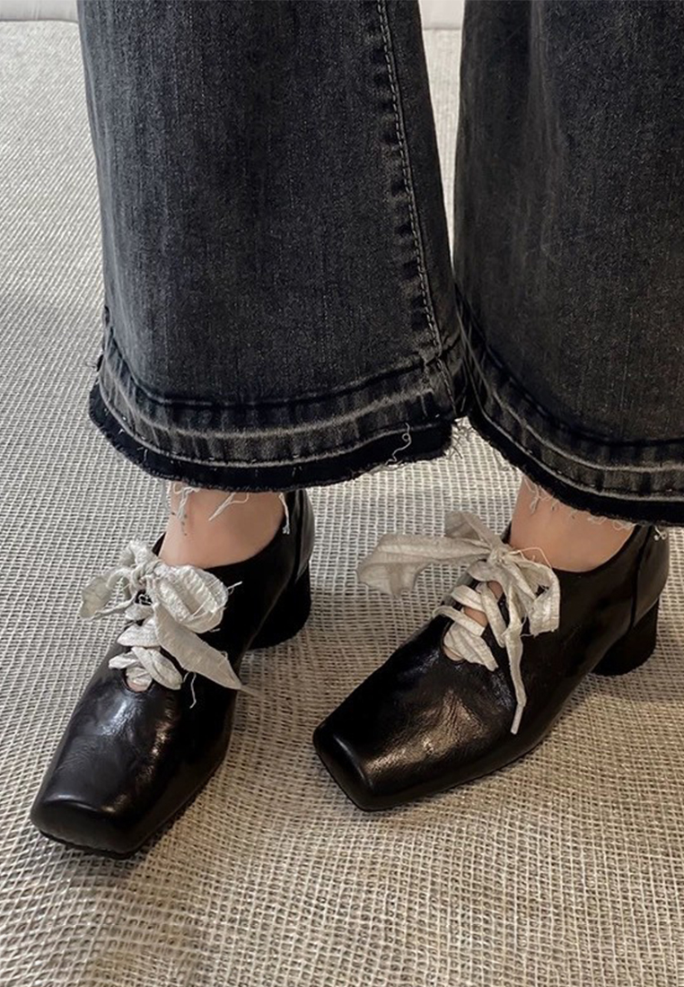 Genuine leather retro art style thick heel shoes CA225042221BK