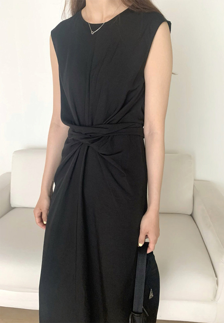 Retro cross straps back slit linen sleeveless dress CA25060321BK